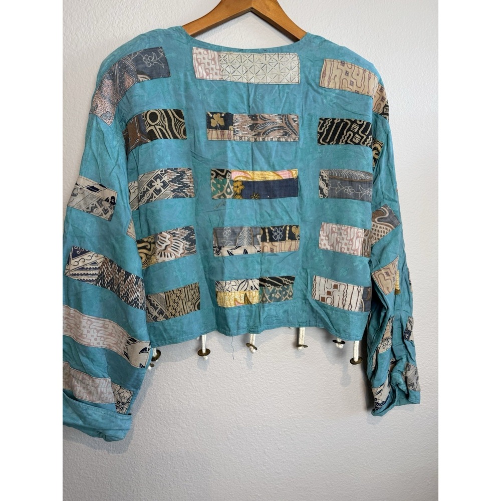 Nativewear Designs XL Jacket Patchwork Ribbon Gold Coins Boho Indonesia Teal Blu - Picture 6 of 8